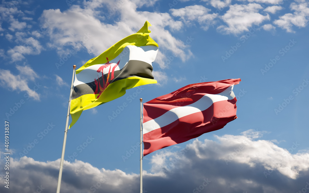 Flags of Latvia and Brunei.
