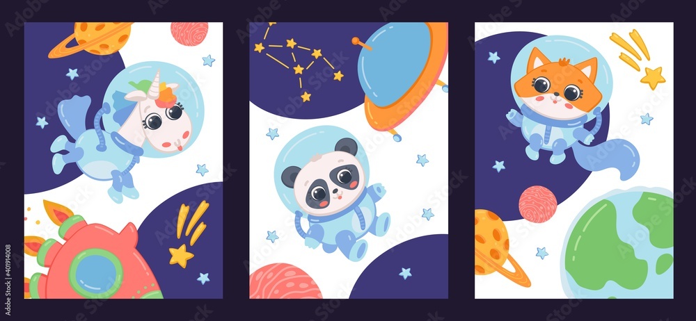 Cards set with animals astronauts, rockets and planets, flat vector illustration.