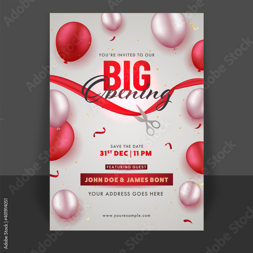 Big Opening Flyer Or Template Design With Glossy Balloons And Event Details.