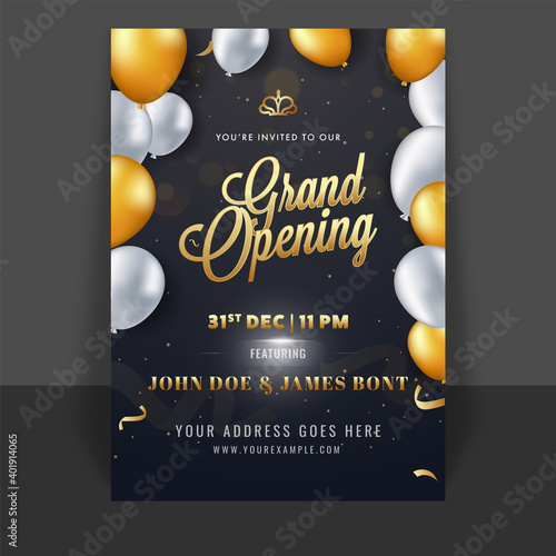 Grand Opening Template Or Flyer Design Decorated With Glossy Balloons On Black Background.