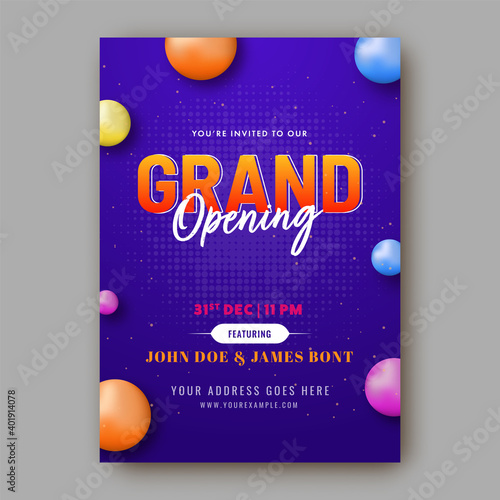 Grand Opening Template Or Flyer Layout With 3D Colorful Balls And Event Details.