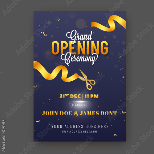 Grand Opening Ceremony Invitation Template Layout In Blue Color.