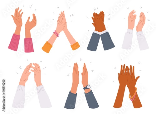 Collection of clapping applauding hands, flat vector illustration isolated.