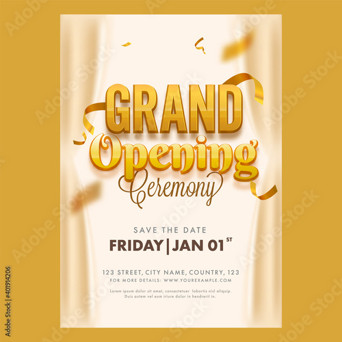 Grand Opening Ceremony Flyer Or Template Design With Event Details For Advertising.