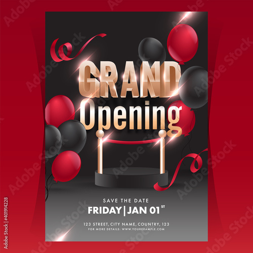 Grand Opening Party Invitation Or Flyer Design Decorated With Balloons In Black Color.