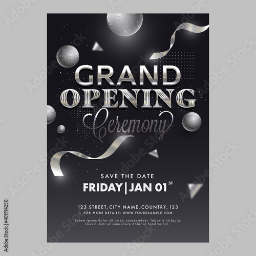 Grand Opening Ceremony Template Or Flyer Design With 3D Spheres In Black Color.