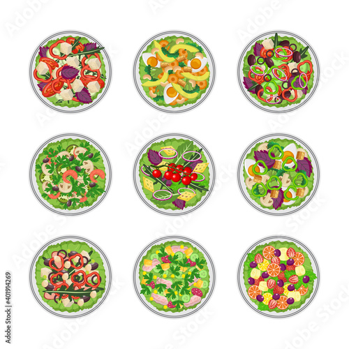Set of vegetable green salad bowls top view flat vector illustration isolated.