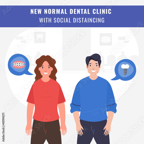 New Normal Dental Clinic With Social Distancing Based Poster Design With Patients Character Showing Teeth Treatments.