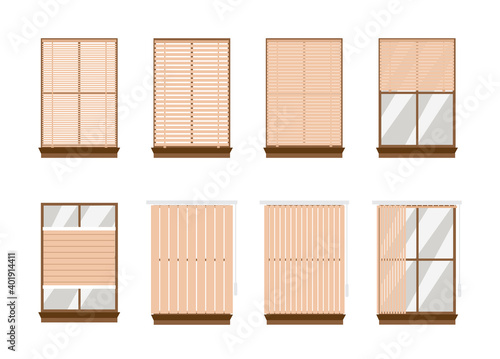 Set of types of window blinds or jalousie, flat vector illustration isolated.