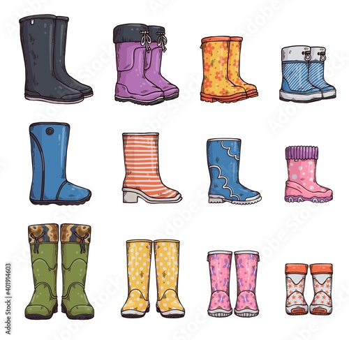Set of gumboots or garden wellies sketch cartoon vector illustration isolated.
