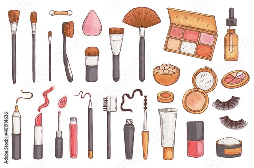 Set of beauty tools and makeup cosmetics flat vector illustration isolated.