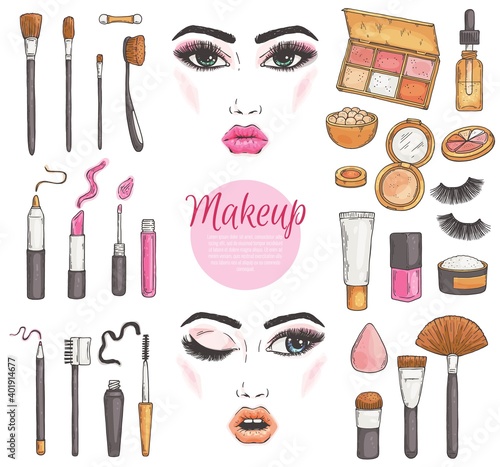 Makeup cosmetics set with female faces, sketch vector illustration isolated.