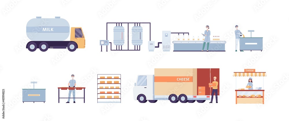 Cheese production process on factory a vector illustrations. - obrazy, fototapety, plakaty 