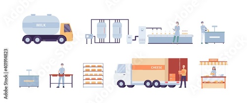 Cheese production process on factory a vector illustrations.