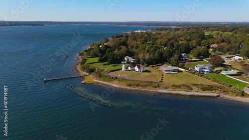 Warwick Lighthouse aerial view at Warwick Point in city of Warwick, Rhode Island RI, USA. 