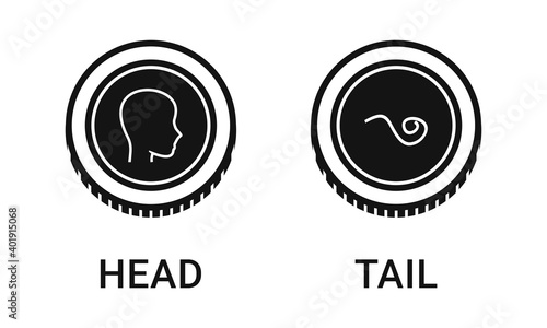 Set of head and tail coin. Toss a coin to make a change and decide. Illustration vector
