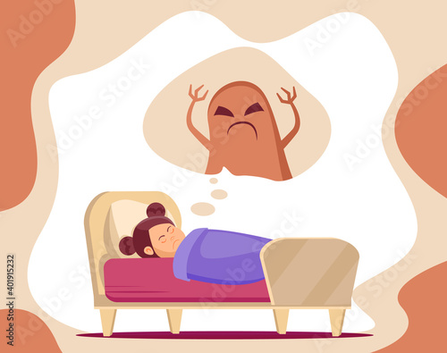 Illustration of a little girl having a nightmare while sleeping