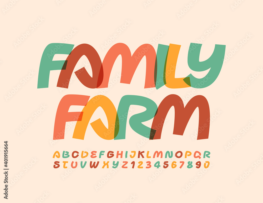 Vector creative logo Family Farm. Artistic bright Font. Set of Trendy Alphabet Letters and Numbers