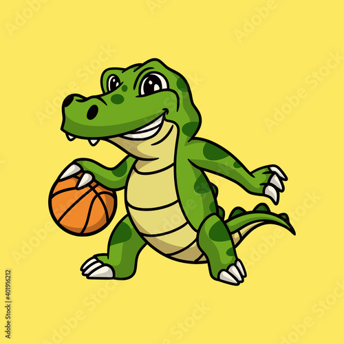 cartoon animal design crocodile playing basketball cute mascot logo