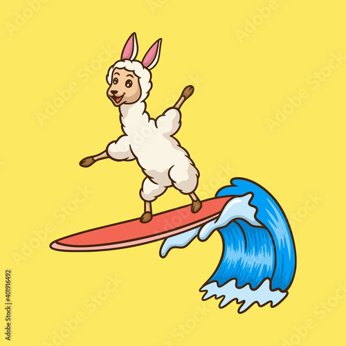 cartoon animal design llama surfing cute mascot logo