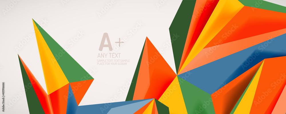 Vector triangle geometric backgrounds. Low poly 3d shape on light backdrop. Vector illustration for covers, banners, flyers and posters and other designs Vector triangle geometric backgrounds. Low poly 3d shape on light backdrop. Vector illustration for covers, banners, flyers and posters and other designs