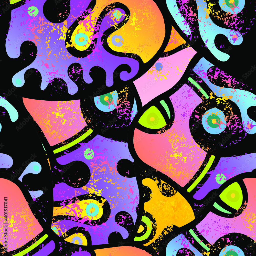 Obraz premium Hippy Print. Modern Seamless Pattern. Color, Multicolor Summer Hand Drawn. Linear Collage. Bizarre Street Art. Creative Trendy Style. Abstract, Contrast Shape. Doodle Crazy Vector Background.