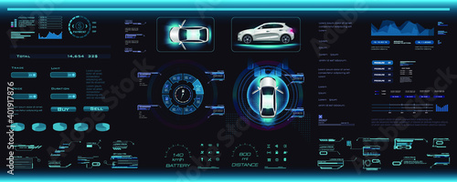 Car interface with parameters, options and settings in HUD, GUI, UI style. HUD style car interface. Digital smart dashboard with car and control settings. Smart car