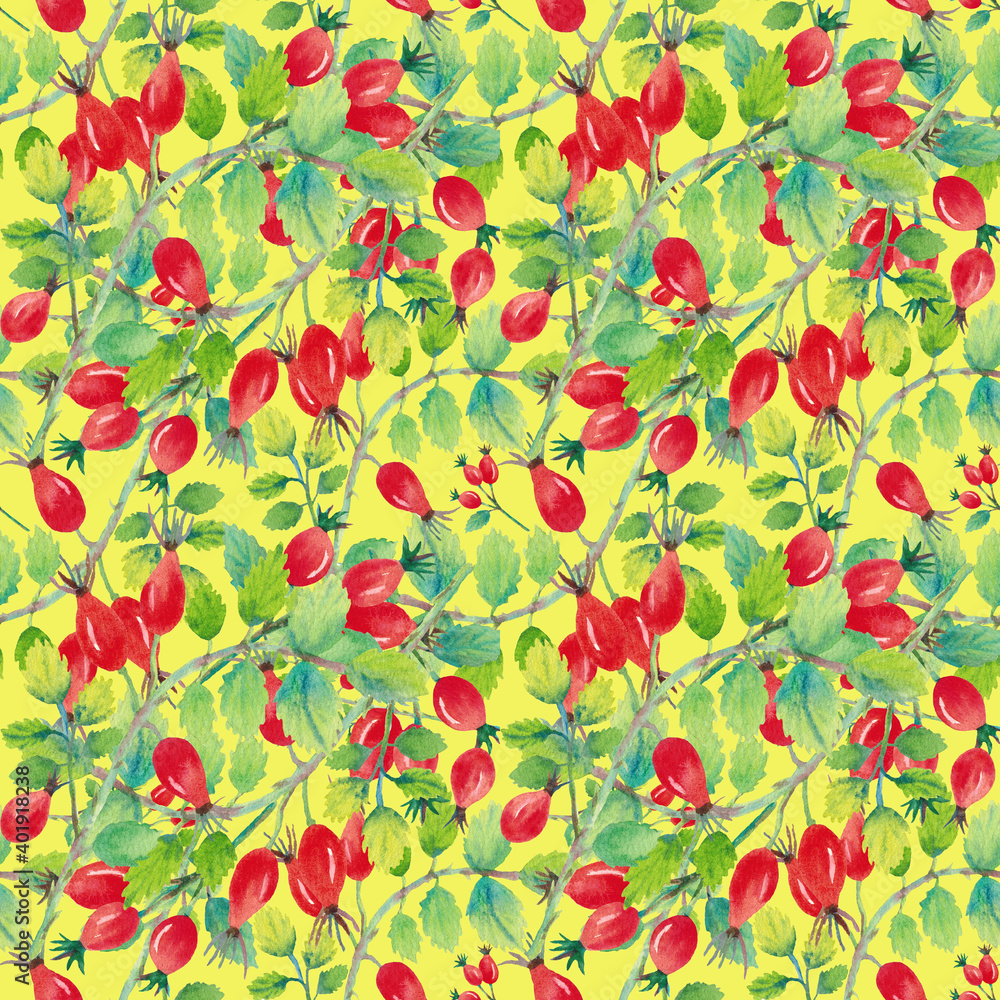 Rosehip, seamless pattern with yellow background. Drawn in watercolor by hand. Can be used for wrapping paper, wallpaper, covers, postcards, scrapbooking.