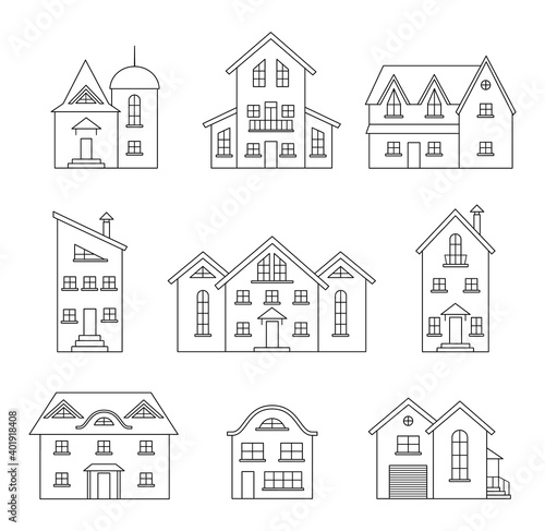 Set of outline houses isolated on white background. Residential buildings and cottages linear icons. Vector template for creating a panorama of a city or street. different homes.