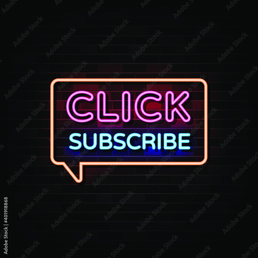 Click Subscribe Neon Signs. Design Template Neon Style