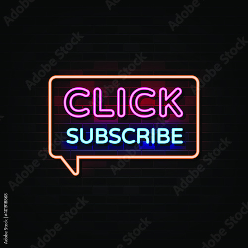 Click Subscribe Neon Signs. Design Template Neon Style