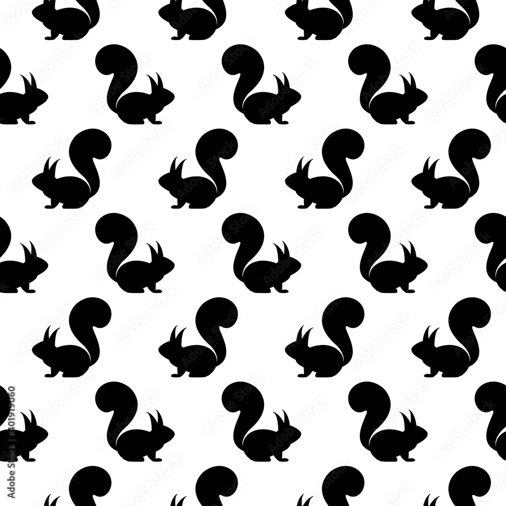 Seamless black and white pattern with squirrels. Animal background.