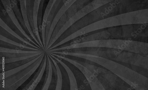 Black swirl pattern in retro background design with old grunge texture and monochrome black white and gray colors, abstract vintage sunburst in hippy groovy illustration