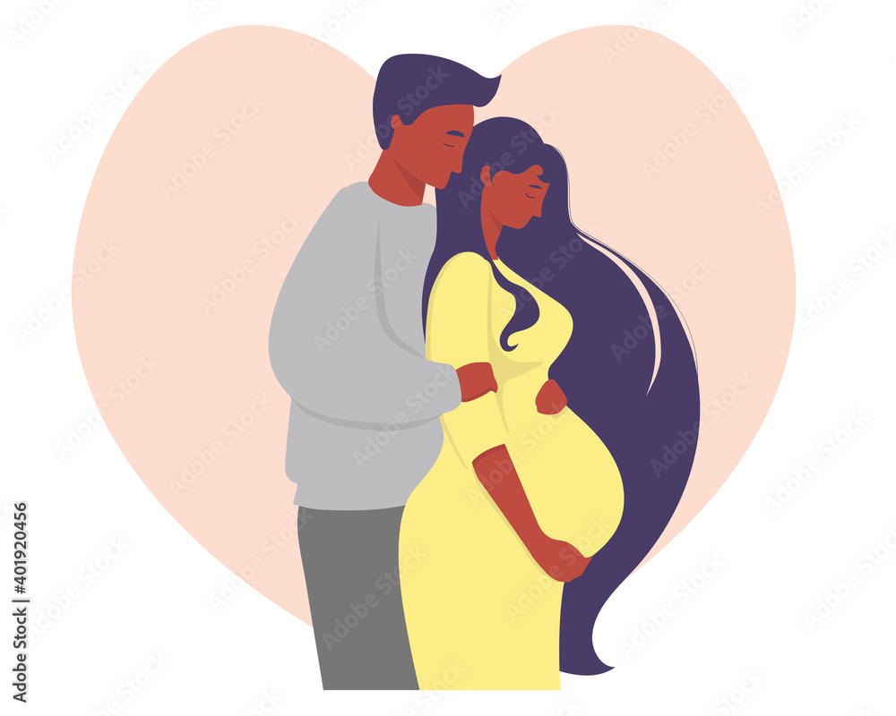Motherhood and dark-skinned family. A happy pregnant woman in a yellow dress hugs her stomach with her hands and next to a man of ethnicity. Against the backdrop of the heart. Vector illustration