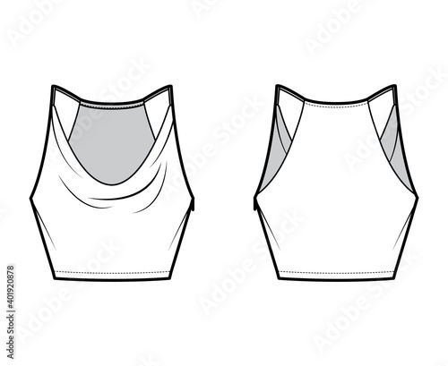 Tank low cowl Crop Camisole technical fashion illustration with thin adjustable straps, slim fit, waist length. Flat outwear top template front, back, white color. Women men unisex CAD mockup