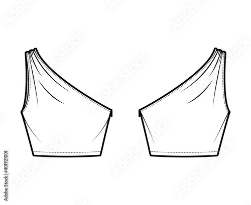 Crop top One-shoulder with ruching tank technical fashion illustration with fitted slim body, waist length. Flat outwear shirt apparel template front, back, white color. Women, men unisex CAD mockup
