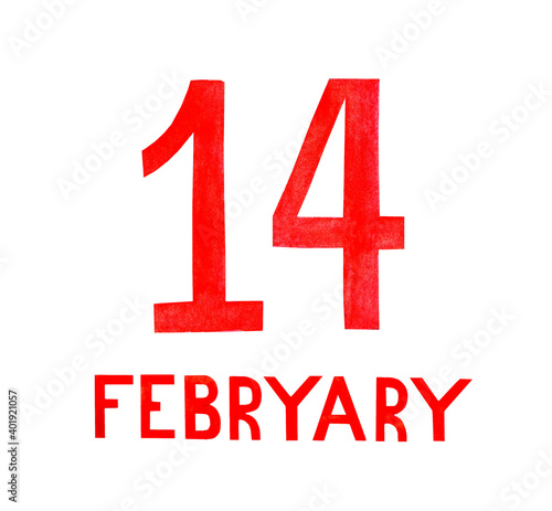 Happy Valentine's Day. Watercolor illustration of the date February 14 in red. isolated on white background. drawn by hand. Happy Holidays.