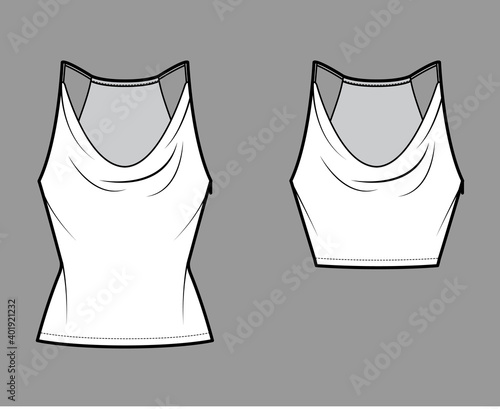 Set of Tanks low cowl Crop Camisoles technical fashion illustration with thin adjustable straps, slim fit, waist, crop length. Flat outwear top template front white color. Women men CAD mockup