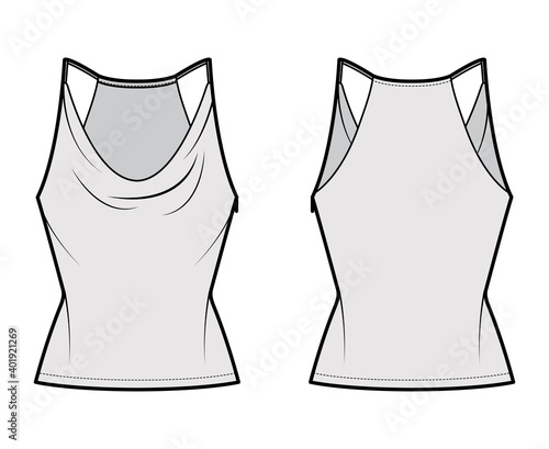 Tank low cowl Camisole technical fashion illustration with thin adjustable straps, slim fit, tunic length. Flat apparel outwear top template front, back, grey color. Women men unisex CAD mockup