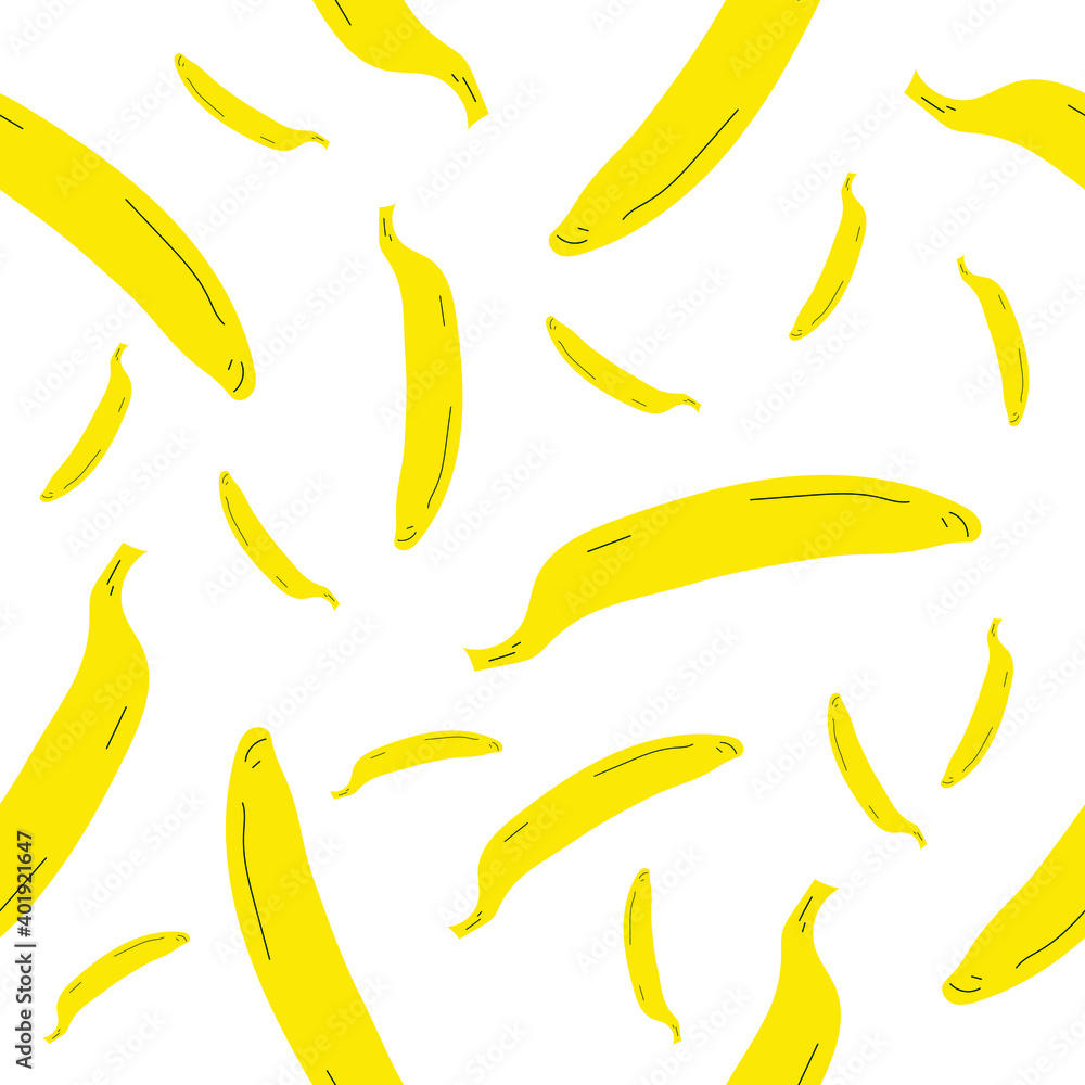 Ripe yellow bananas in seamless pattern on white. Simple and flat hand drawn design. Suits for wrapping, packaging, boxing. Great as background, banner or fabric.