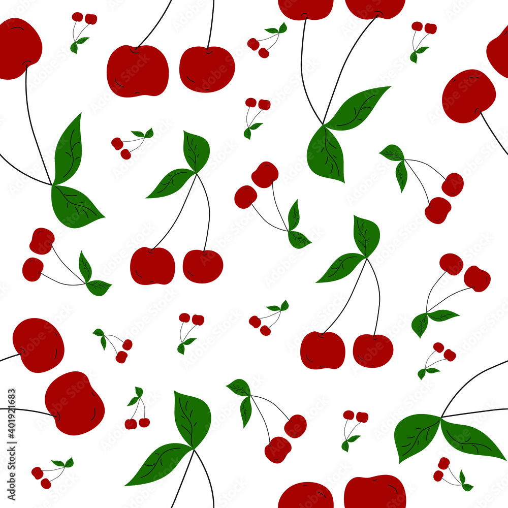Ripe red cherries with grean leaves on branch in seamless pattern on white. Simple and flat hand drawn design. Suits for wrapping, packaging, boxing. Great as background, banner or fabric.