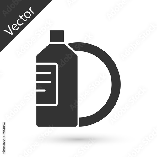 Grey Dishwashing liquid bottle and plate icon isolated on white background. Liquid detergent for washing dishes. Vector Illustration.