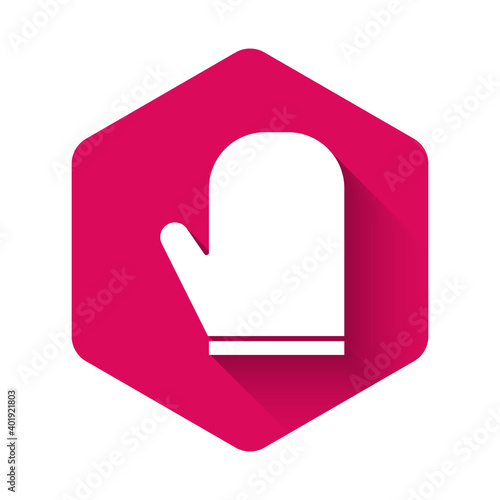 White Oven glove icon isolated with long shadow. Kitchen potholder sign. Cooking glove. Pink hexagon button. Vector Illustration.