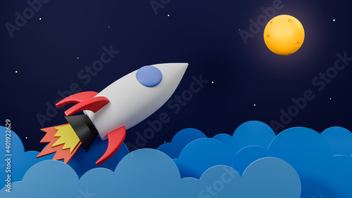Rocket flying over cloud go to the moon on galaxy background.Business startup concept.3d model and illustration.