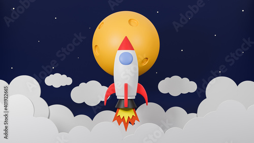 Rocket flying over cloud go to the moon on galaxy background.Business startup concept.3d model and illustration.