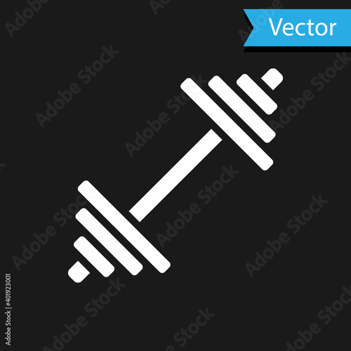 White Dumbbell icon isolated on black background. Muscle lifting icon, fitness barbell, gym, sports equipment, exercise bumbbell. Vector.
