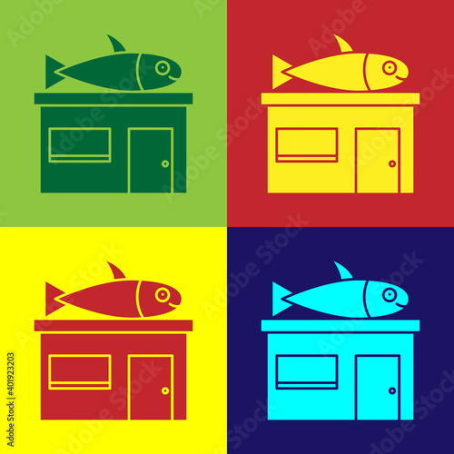 Pop art Seafood store icon isolated on color background. Facade of seafood market. Vector..