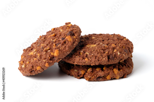 Cocoa cookies with nuts isolated on white