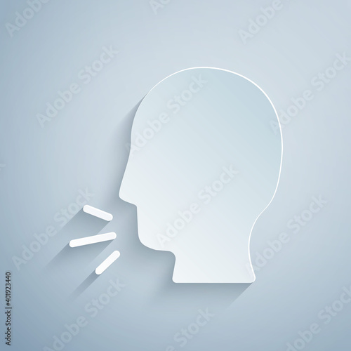 Paper cut Man coughing icon isolated on grey background. Viral infection, influenza, flu, cold symptom. Tuberculosis, mumps, whooping cough. Paper art style. Vector...