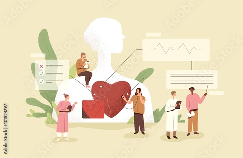 Cardiology concept. Cardiologists checking up heart of patient. Medical diagnostics of human cardio diseases. Examination and treatment of cardiovascular system. Colored flat vector illustration